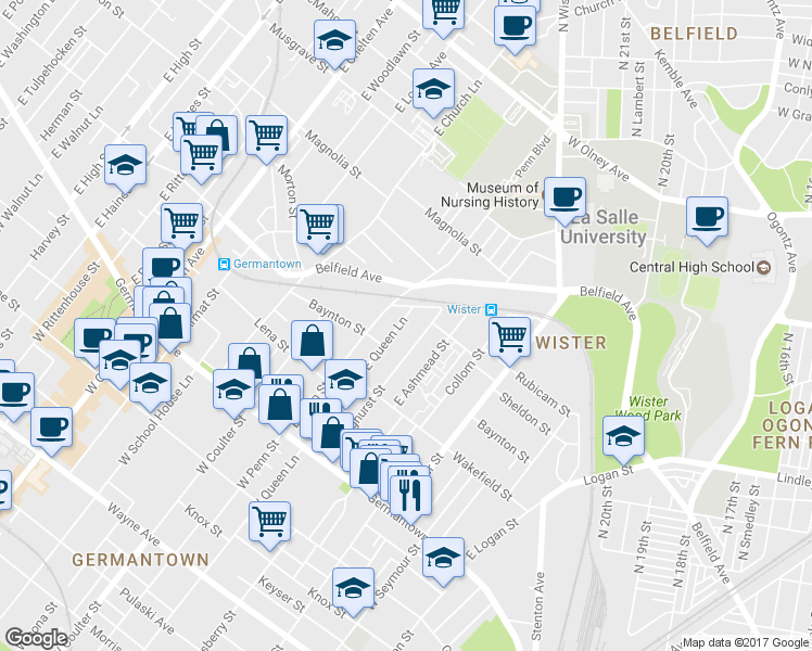 map of restaurants, bars, coffee shops, grocery stores, and more near 284 East Queen Lane in Philadelphia