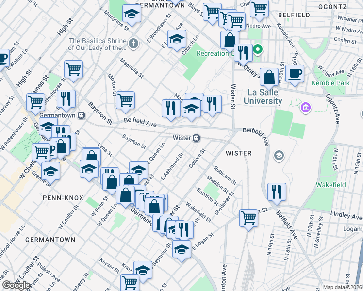 map of restaurants, bars, coffee shops, grocery stores, and more near 295 East Ashmead Street in Philadelphia