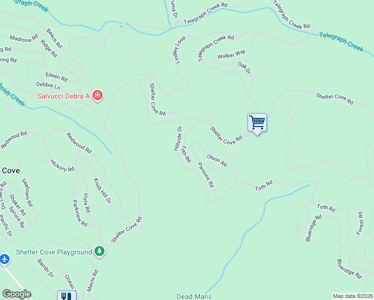 map of restaurants, bars, coffee shops, grocery stores, and more near 401-793 Hillside Drive in Whitethorn