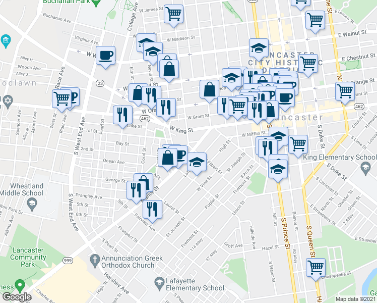 map of restaurants, bars, coffee shops, grocery stores, and more near 515 Manor Street in Lancaster