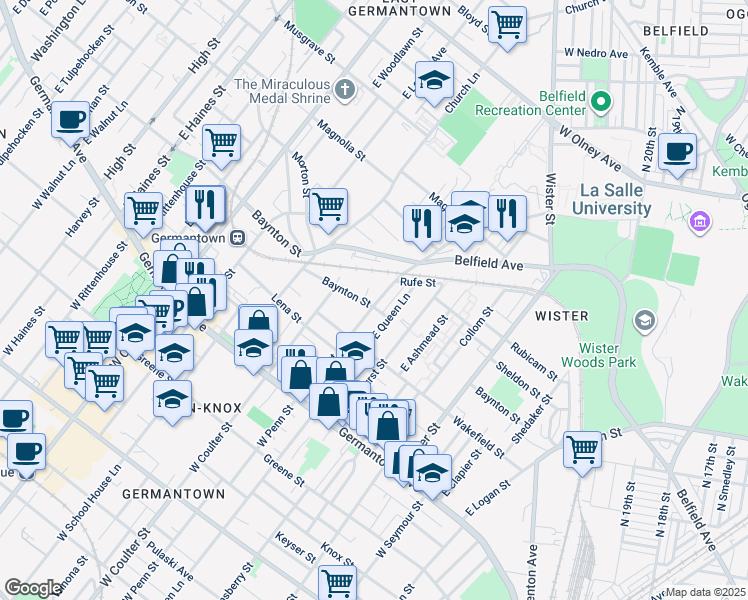 map of restaurants, bars, coffee shops, grocery stores, and more near 5301 Baynton Street in Philadelphia