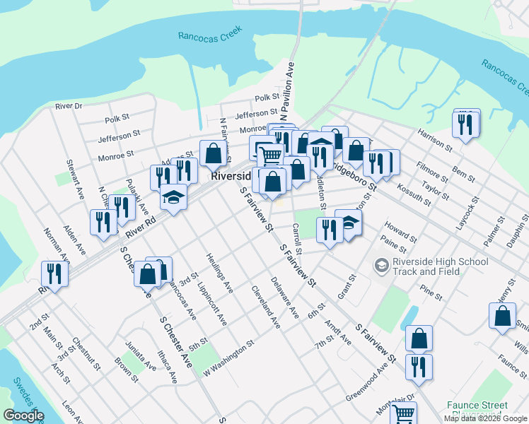 map of restaurants, bars, coffee shops, grocery stores, and more near 105 3rd Street in Riverside