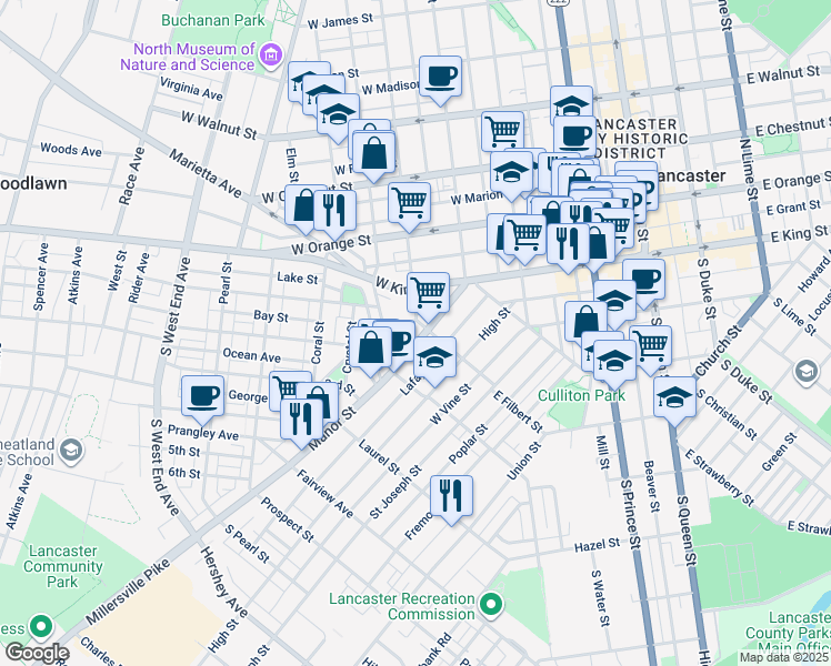 map of restaurants, bars, coffee shops, grocery stores, and more near 515 Manor Street in Lancaster