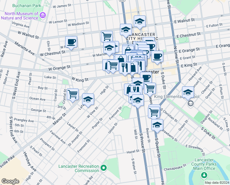 map of restaurants, bars, coffee shops, grocery stores, and more near 138 West Strawberry Street in Lancaster