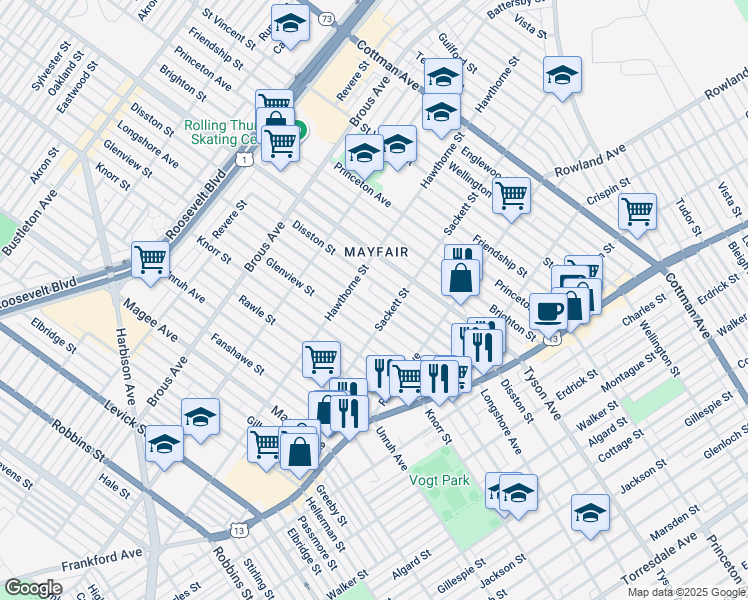 map of restaurants, bars, coffee shops, grocery stores, and more near 3200 Longshore Avenue in Philadelphia