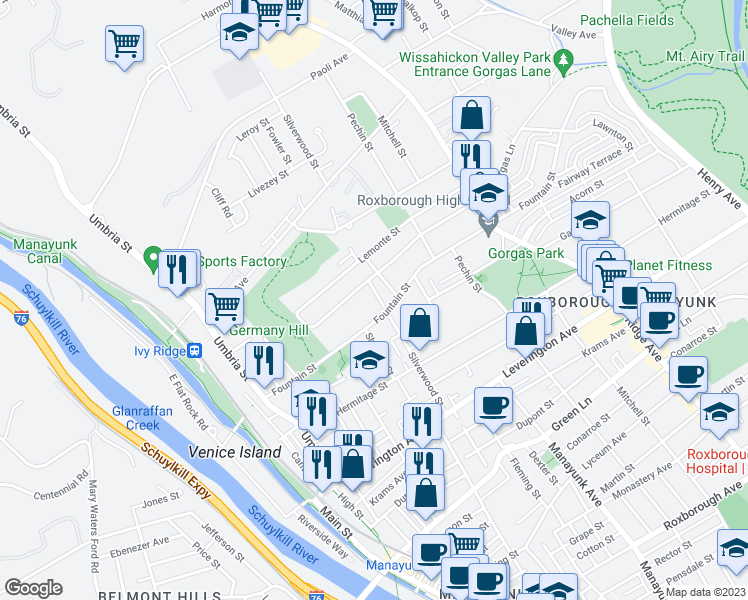 map of restaurants, bars, coffee shops, grocery stores, and more near 4824 Silverwood Street in Philadelphia