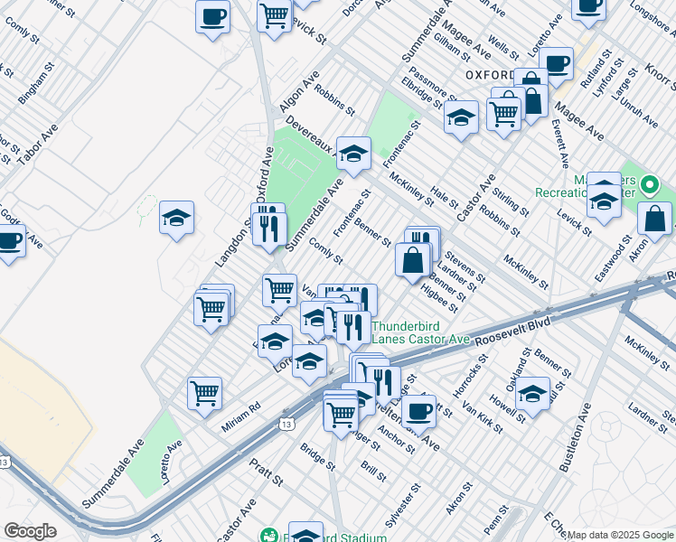 map of restaurants, bars, coffee shops, grocery stores, and more near 5951 Shisler Street in Philadelphia