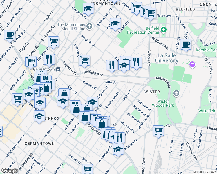 map of restaurants, bars, coffee shops, grocery stores, and more near 286 East Queen Lane in Philadelphia