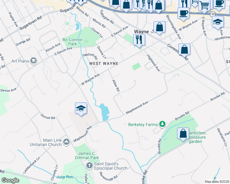map of restaurants, bars, coffee shops, grocery stores, and more near 236 Atlee Road in Wayne
