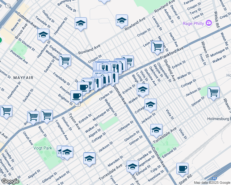 map of restaurants, bars, coffee shops, grocery stores, and more near 4108 Cottman Avenue in Philadelphia