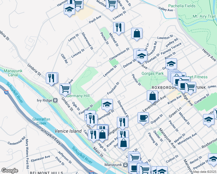 map of restaurants, bars, coffee shops, grocery stores, and more near 4824 Silverwood Street in Philadelphia