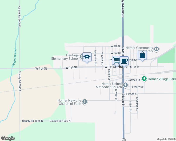 map of restaurants, bars, coffee shops, grocery stores, and more near 109 South Lynn Street in Homer