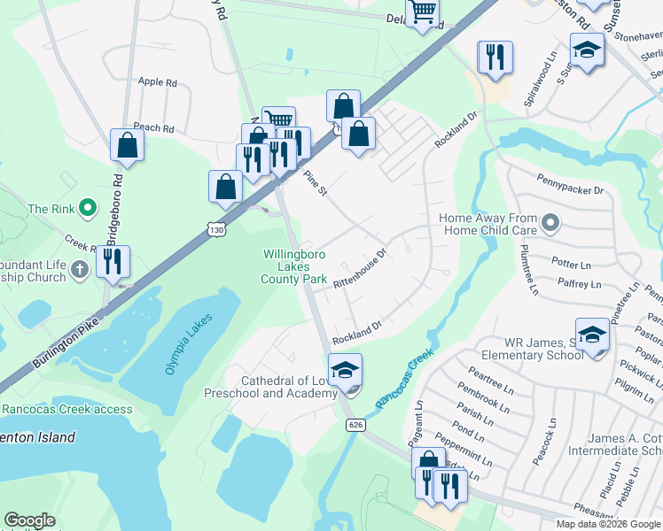 map of restaurants, bars, coffee shops, grocery stores, and more near 10 Royal Court in Willingboro