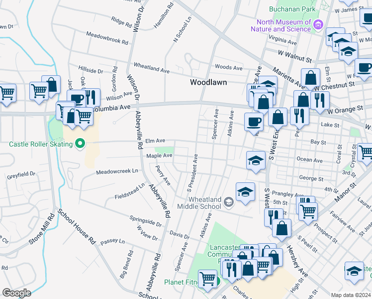 map of restaurants, bars, coffee shops, grocery stores, and more near 1177 Alley R in Lancaster