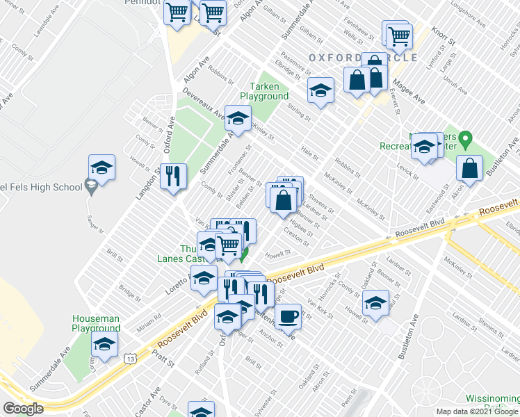 map of restaurants, bars, coffee shops, grocery stores, and more near 6021 Loretto Avenue in Philadelphia