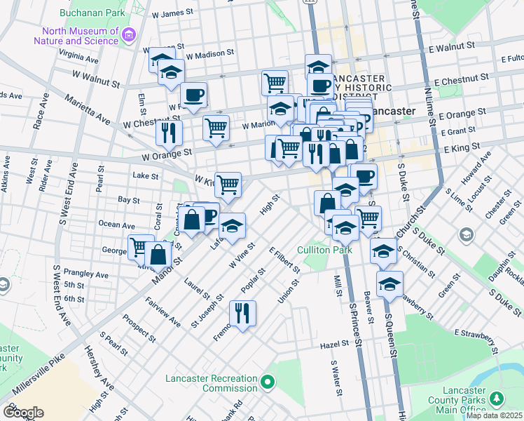 map of restaurants, bars, coffee shops, grocery stores, and more near 435 High Street in Lancaster