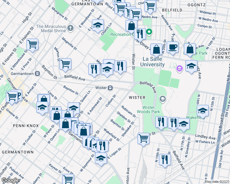 map of restaurants, bars, coffee shops, grocery stores, and more near 411 Wister Street in Philadelphia