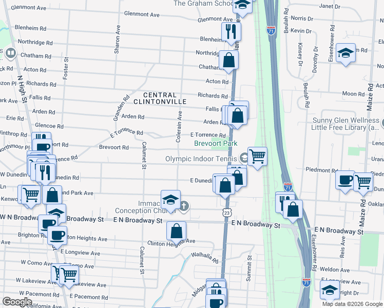 map of restaurants, bars, coffee shops, grocery stores, and more near 452 Piedmont Road in Columbus