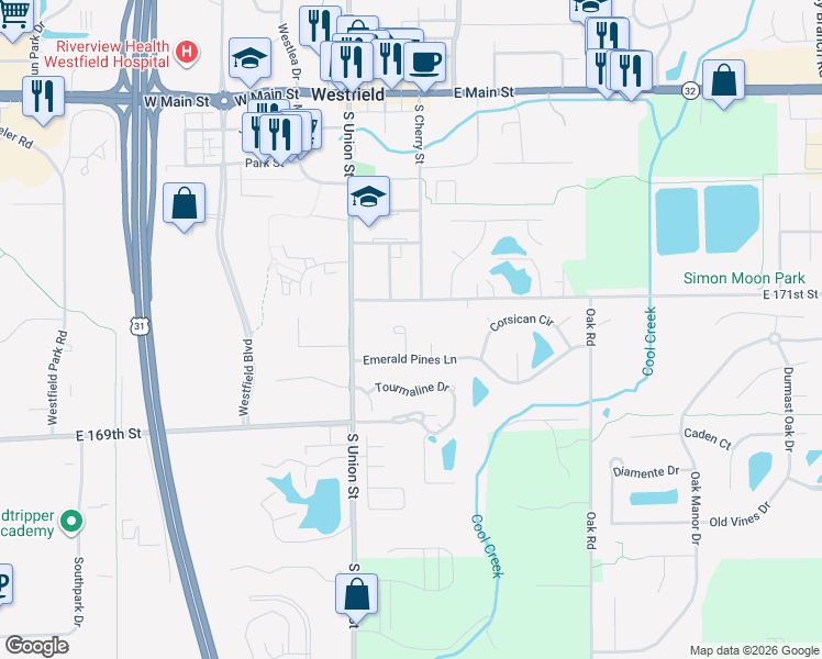 map of restaurants, bars, coffee shops, grocery stores, and more near 17025 Emerald Green Circle in Westfield