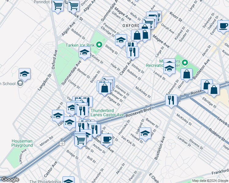 map of restaurants, bars, coffee shops, grocery stores, and more near 1418 Lardner Street in Philadelphia