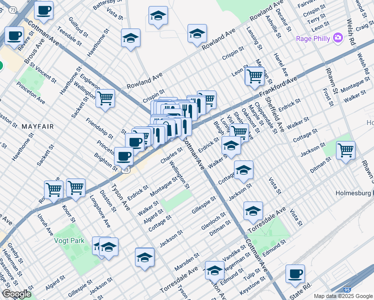 map of restaurants, bars, coffee shops, grocery stores, and more near 4108 Cottman Avenue in Philadelphia