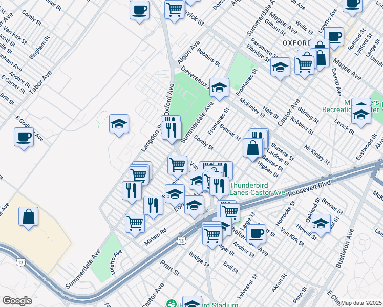 map of restaurants, bars, coffee shops, grocery stores, and more near 5916 Frontenac Street in Philadelphia