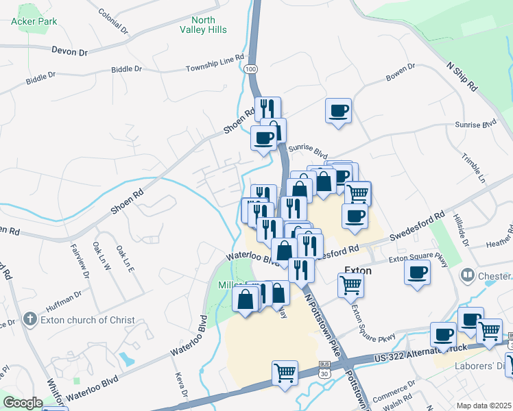 map of restaurants, bars, coffee shops, grocery stores, and more near in Exton
