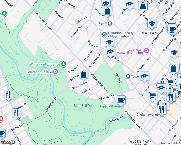 map of restaurants, bars, coffee shops, grocery stores, and more near 6445 Wissahickon Ave in Philadelphia
