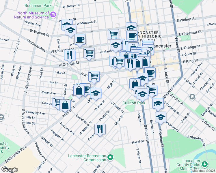 map of restaurants, bars, coffee shops, grocery stores, and more near 435 High Street in Lancaster