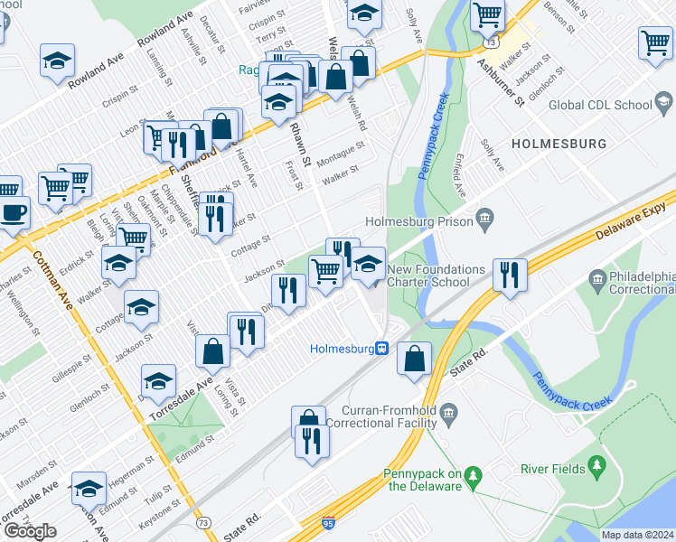 map of restaurants, bars, coffee shops, grocery stores, and more near 7924 Marsden Street in Philadelphia