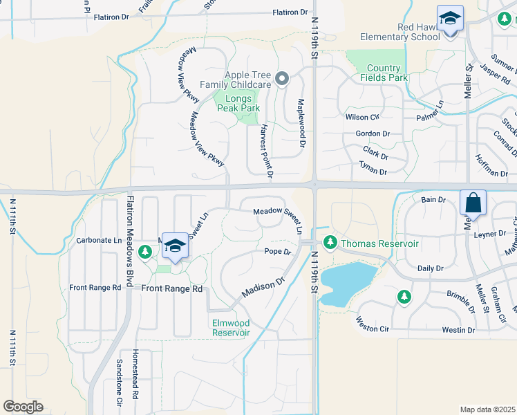 map of restaurants, bars, coffee shops, grocery stores, and more near 2181 Cottonwood Place in Erie