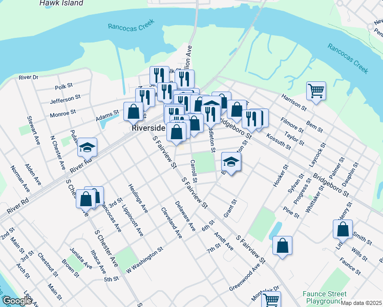 map of restaurants, bars, coffee shops, grocery stores, and more near Carroll Street & Spring Garden Street in Riverside