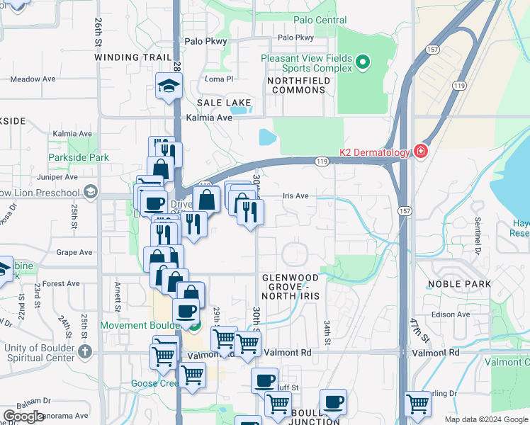 map of restaurants, bars, coffee shops, grocery stores, and more near in Boulder