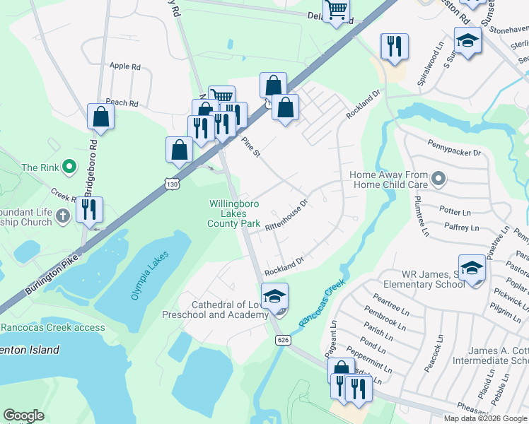 map of restaurants, bars, coffee shops, grocery stores, and more near 12 Ridgewood Place in Willingboro