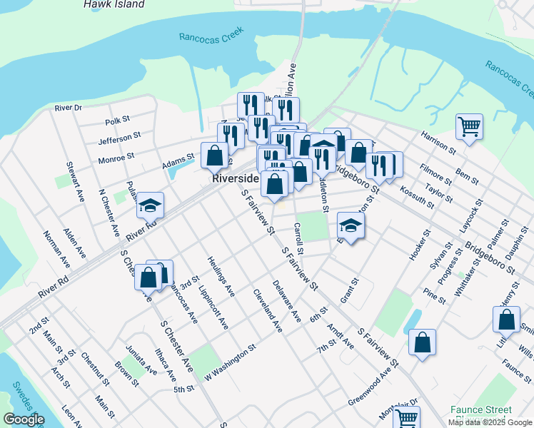 map of restaurants, bars, coffee shops, grocery stores, and more near 105 3rd Street in Riverside