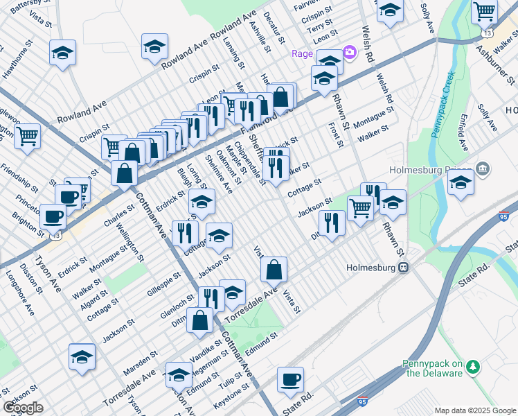 map of restaurants, bars, coffee shops, grocery stores, and more near 4425 Shelmire Avenue in Philadelphia