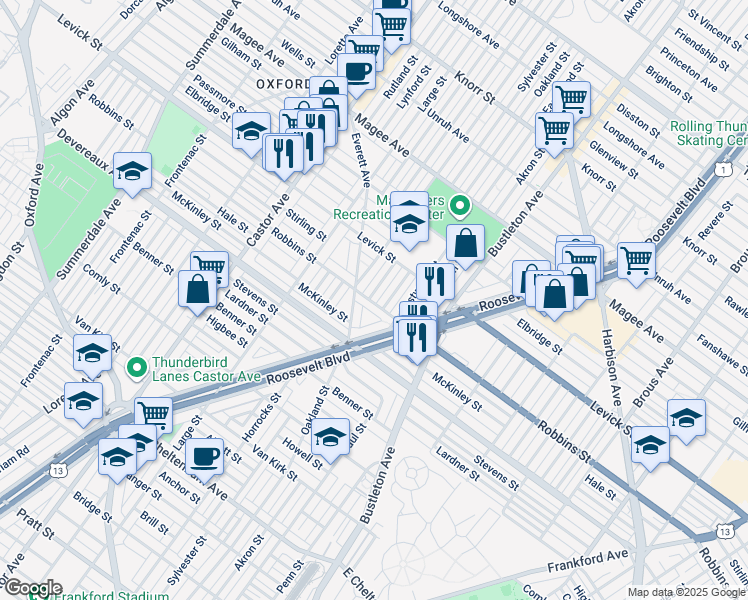 map of restaurants, bars, coffee shops, grocery stores, and more near 1642 Robbins Street in Philadelphia