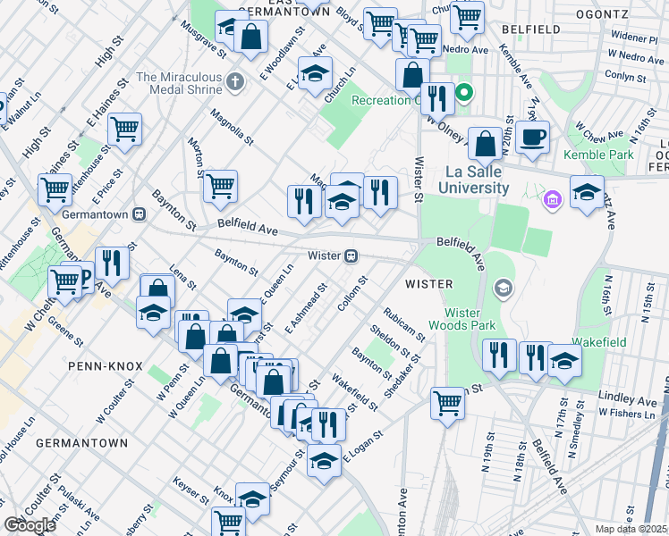 map of restaurants, bars, coffee shops, grocery stores, and more near 5183 Rubicam Street in Philadelphia