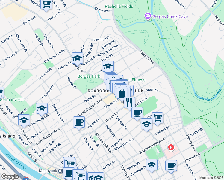 map of restaurants, bars, coffee shops, grocery stores, and more near 6182 Ridge Avenue in Philadelphia