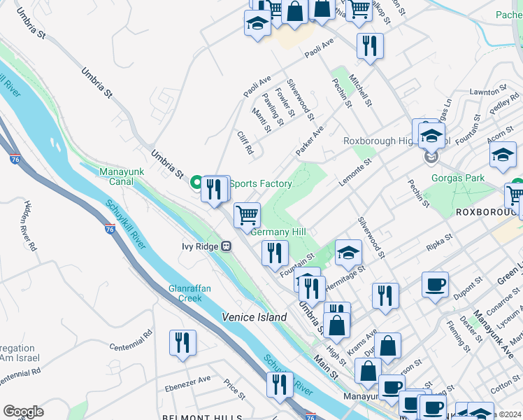 map of restaurants, bars, coffee shops, grocery stores, and more near 4901 Umbria Street in Philadelphia
