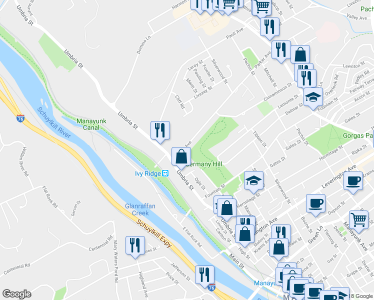 map of restaurants, bars, coffee shops, grocery stores, and more near 4901 Umbria Street in Philadelphia