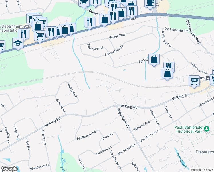 map of restaurants, bars, coffee shops, grocery stores, and more near 516 Sugartown Road in Malvern