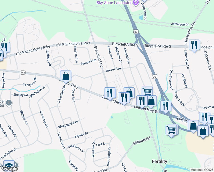 map of restaurants, bars, coffee shops, grocery stores, and more near 1865 Lincoln Highway East in Lancaster