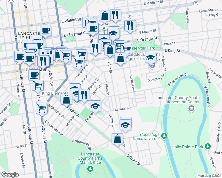 map of restaurants, bars, coffee shops, grocery stores, and more near 248 South Ann Street in Lancaster
