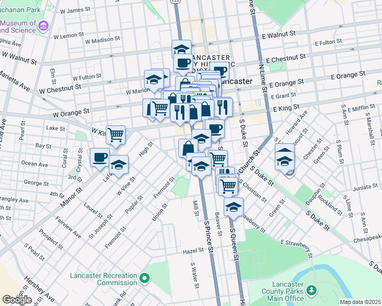 map of restaurants, bars, coffee shops, grocery stores, and more near 131 South Water Street in Lancaster