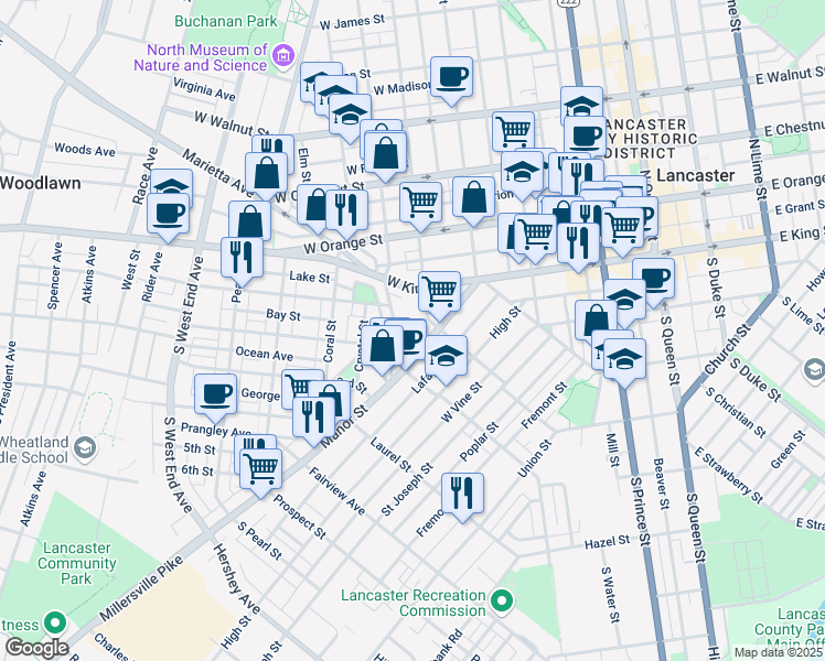 map of restaurants, bars, coffee shops, grocery stores, and more near in Lancaster