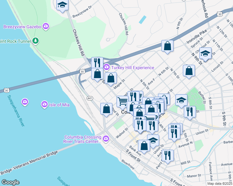 map of restaurants, bars, coffee shops, grocery stores, and more near 259 North 3rd Street in Columbia