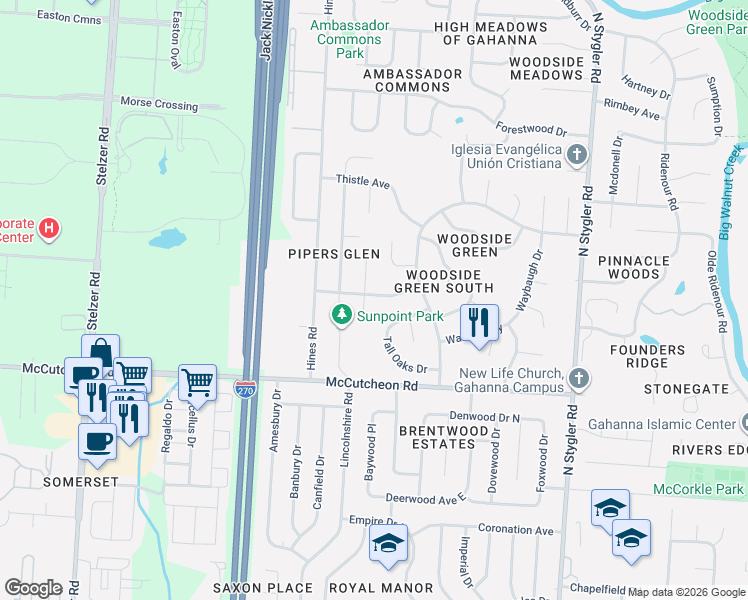 map of restaurants, bars, coffee shops, grocery stores, and more near 607 Tall Oaks Drive in Columbus