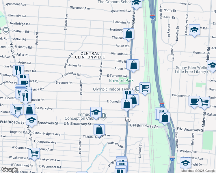 map of restaurants, bars, coffee shops, grocery stores, and more near 452 Piedmont Road in Columbus