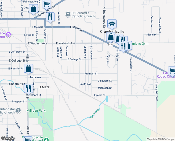 map of restaurants, bars, coffee shops, grocery stores, and more near 705 South Grace Avenue in Crawfordsville